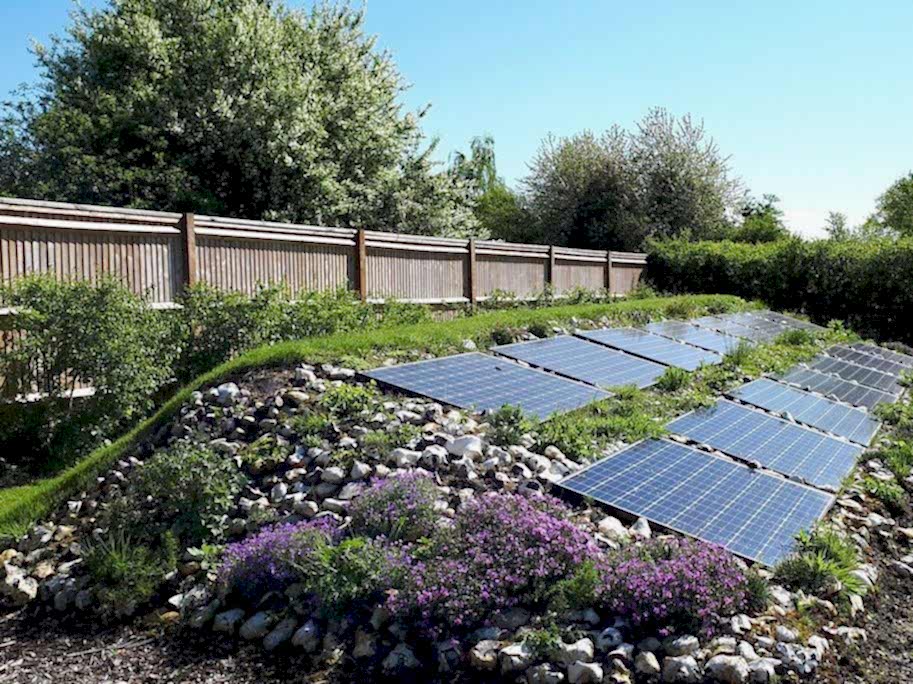 Garden design in Denham, Buckinghamshire with solar array planted with Alpine plants.