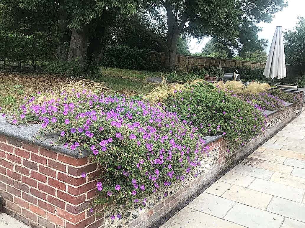 Garden design in Denham, Buckinghamshire with flint and brick walling.