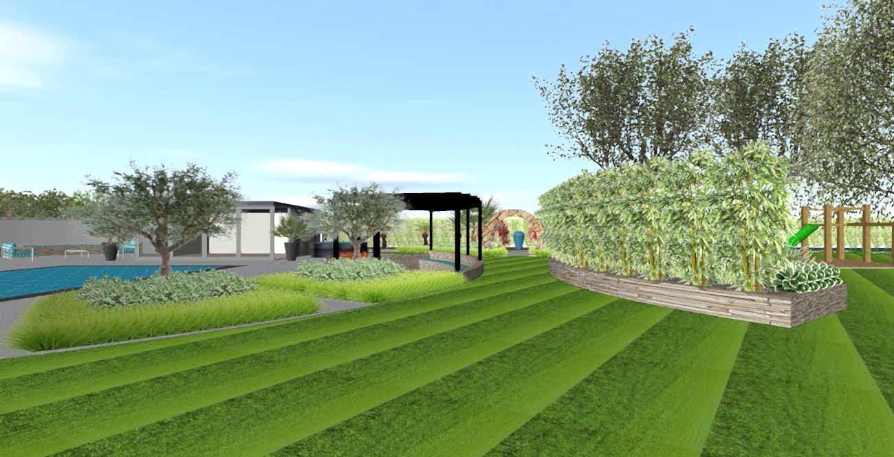 Garden design in Windsor, Berkshire with swimming pool, outdoor kitchen, pool house, sunken seating area, outdoor fireplace, raised planting and kids play area.