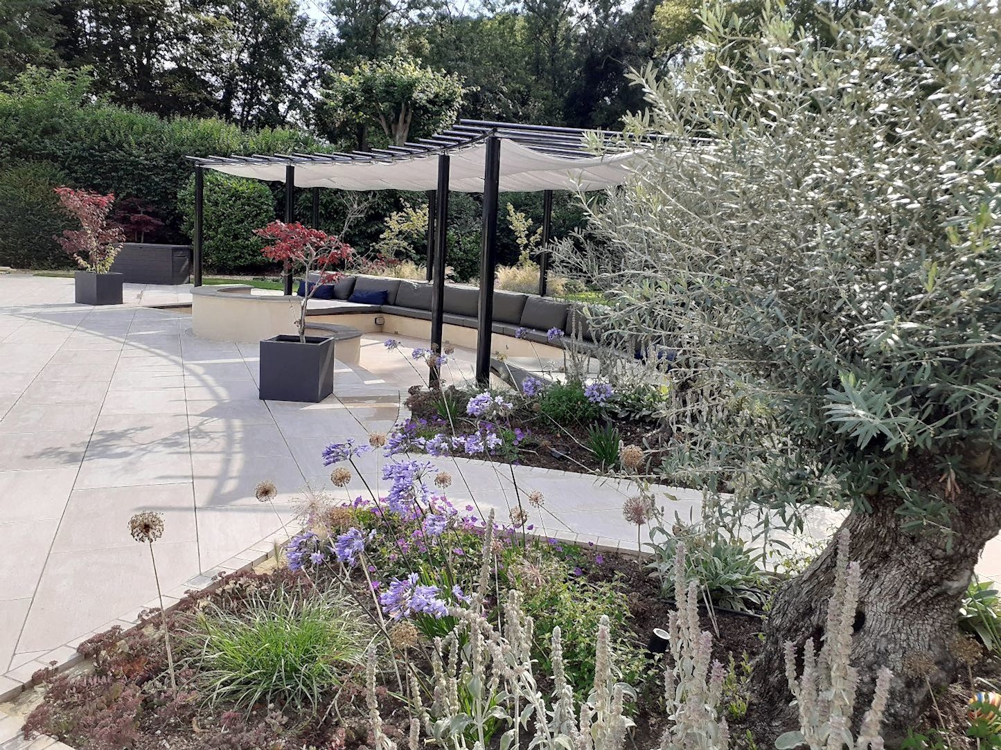 Garden design in Windsor Berkshire with swimming pool and outdoor kitchen