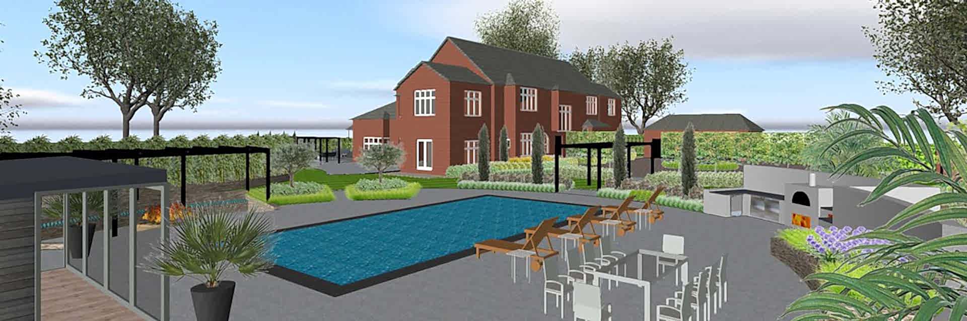 Garden design in Windsor, Berkshire with a swimming pool, and large entertaining terrace.